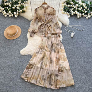 Conjunto de 2 piezas Roman Winter para mujer: Elegante túnica con mangas farol, top con vendaje y falda de gasa estampada de cintura alta, transpirable y antiarrugas. - Product Image 1
