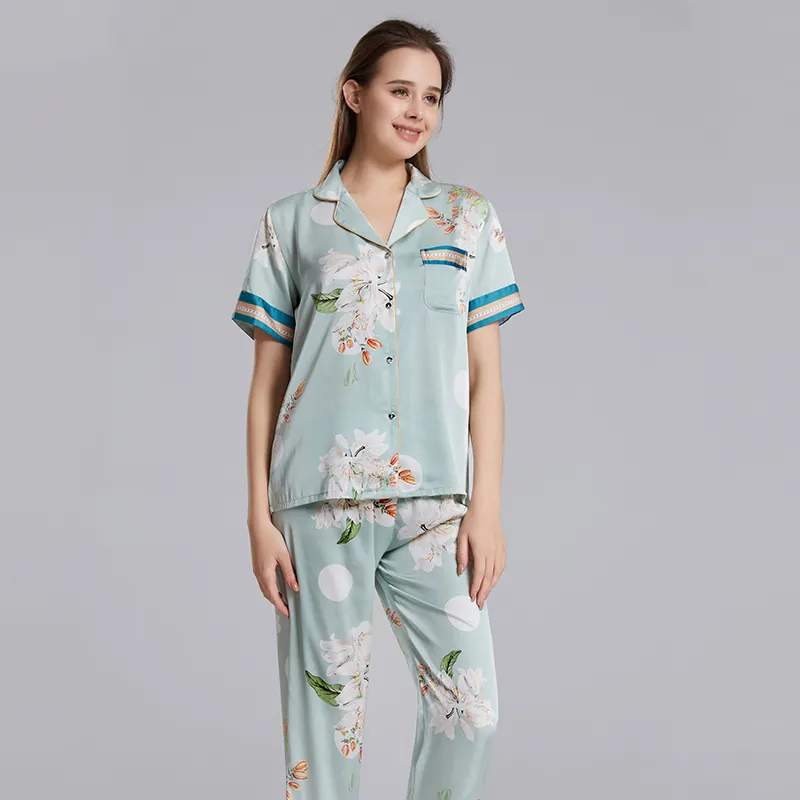 Ladies Summer Short Sleeve Satin Flower Printed Pajamas Sets 2 Piece Luxury Pyjama For Woman