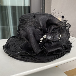 Sombrero de cubo de organza de color liso vintage de alta calidad con volantes, detalles de perlas y malla, ideal <span class=keywords><strong>para</strong></span> fiestas de negocios y protección solar al aire libre. - Product Image 4