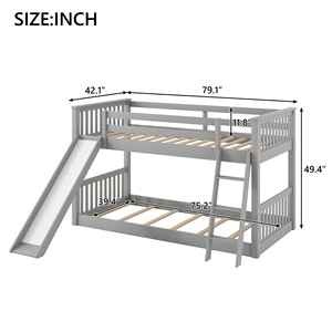 Childrens <b>Bunk</b> <b>Bed</b> Grey With <b>Slide</b> Twin Size Bedroom Furniture For Kids - Product Image 4
