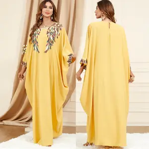 Haute qualité couleur unie marocain caftan femmes musulmanes robe manches chauve-souris caftan vêtements islamiques