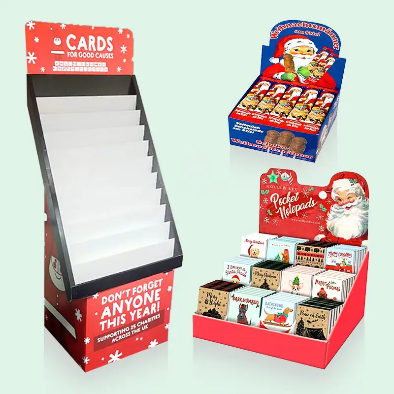 Estante de exhibición de cartón personalizado para tarjetas de Navidad, soporte de exhibición para tarjetas de felicitación, regalo PDQ