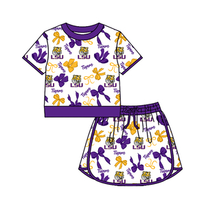Completo coordinato personalizzato per fratelli e sorelle: Top a <span class=keywords><strong>pois</strong></span> per bambini, pantaloncini, fiocchi, top a maniche corte, gonna, set corto, pullover viola con cerniera, pantaloni jogger - Product Image 2