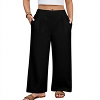Pantalon large en coton léger pour femme, style vintage, taille haute élastique, coupe ample avec poches