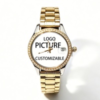 Montre Femme Dorée Brillante à Succès Commercial, Cadran Personnalisé, Lunette Sertie de Diamants, Bracelet en Acier Inoxydable, Idéale pour la Mode Africaine