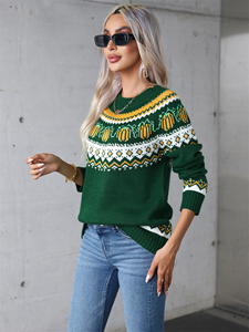 Pull en maille acrylique tricoté à la machine pour <span class=keywords><strong>femme</strong></span>, <span class=keywords><strong>col</strong></span> rond, motif Fair Isle citrouille, décontracté, pour le quotidien et les fêtes d'automne, personnalisable - Product Image 3