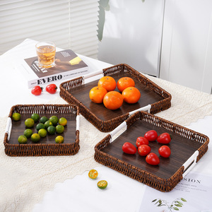 Bandeja <span class=keywords><strong>de</strong></span> Servir <span class=keywords><strong>de</strong></span> Ratán Sintético Tejido <span class=keywords><strong>a</strong></span> Mano con Base <span class=keywords><strong>de</strong></span> Madera, Organizador Multiusos Ecológico para Restaurante y Hogar - Product Image 2