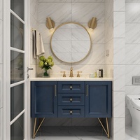 Meuble-lavabo autoportant classique blanc en bois massif avec miroir LED rétroéclairé à cadre doré, ensemble de meuble-lavabo pour la maison, directement de l'usine