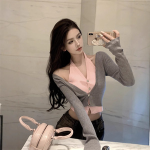 Faux Two Piece V Neck <b>Long</b> Sleeve Halter <b>Sweater</b> <b>Cardigan</b> For Women Autumn Slim Fit Short Top Solid Color Contrast Design - Product Image 3