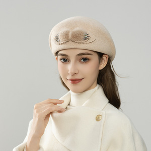 Béret élégant pour femme à rayures de style français, en tissu de laine, avec nœud, vintage, mode hiver, casquette d'hôtesse, inspiré des mondaines, petite taille - Product Image 2