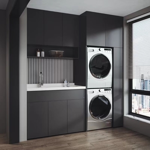 Armoire de rangement pour lave-<span class=keywords><strong>linge</strong></span> et sèche-<span class=keywords><strong>linge</strong></span> sur balcon, design personnalisé, ouverte, étanche, avec évier et éclairage LED - Product Image 1