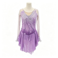 Robe de patinage artistique violette pour enfants et adultes, col en V, manches longues en maille, strass floraux, dos en V profond, pour compétition et spectacle de patinage sur glace