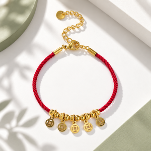 <b>Red</b> Cord Bracelet with Gold <b>Tone</b> Charms Stainless Steel 24K Gold Vacuum Plating - Product Image 1