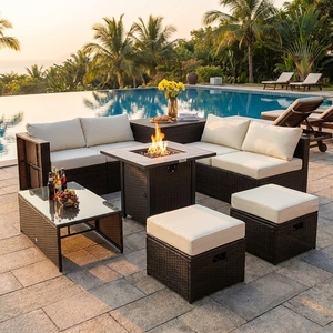 High Quality Outdoor <b>Rattan</b> Furniture with Propane Fire Pit <b>Table</b> and Removable Cushion Covers for Patio - Product Image 1