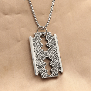 <b>Titanium</b> Steel Razor Blade Pendant With Turquoise Inlay Geometric Design Punk Retro Men's Necklace Everyday Wear - Product Image 2