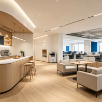 Conception de la disposition intérieure du bureau à partir d'un plan de mobilier, les zones incluent la réception, la salle de réunion, le salon et les bureaux privés