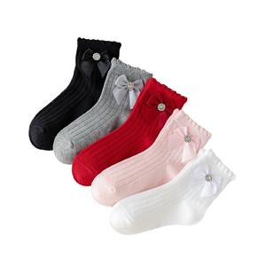 Chaussettes hautes en coton pour bébé fille avec nœud en diamant, respirantes et absorbant la transpiration, vente en gros pour l'automne et l'hiver - Product Image 5