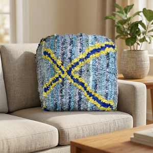 Puf Rectangular Marroquí Hecho a Mano con Diseño a Cuadros Azul, Amarillo y Gris, Estilo Bohemio, 100% Algodón, Moderno - Product Image 3