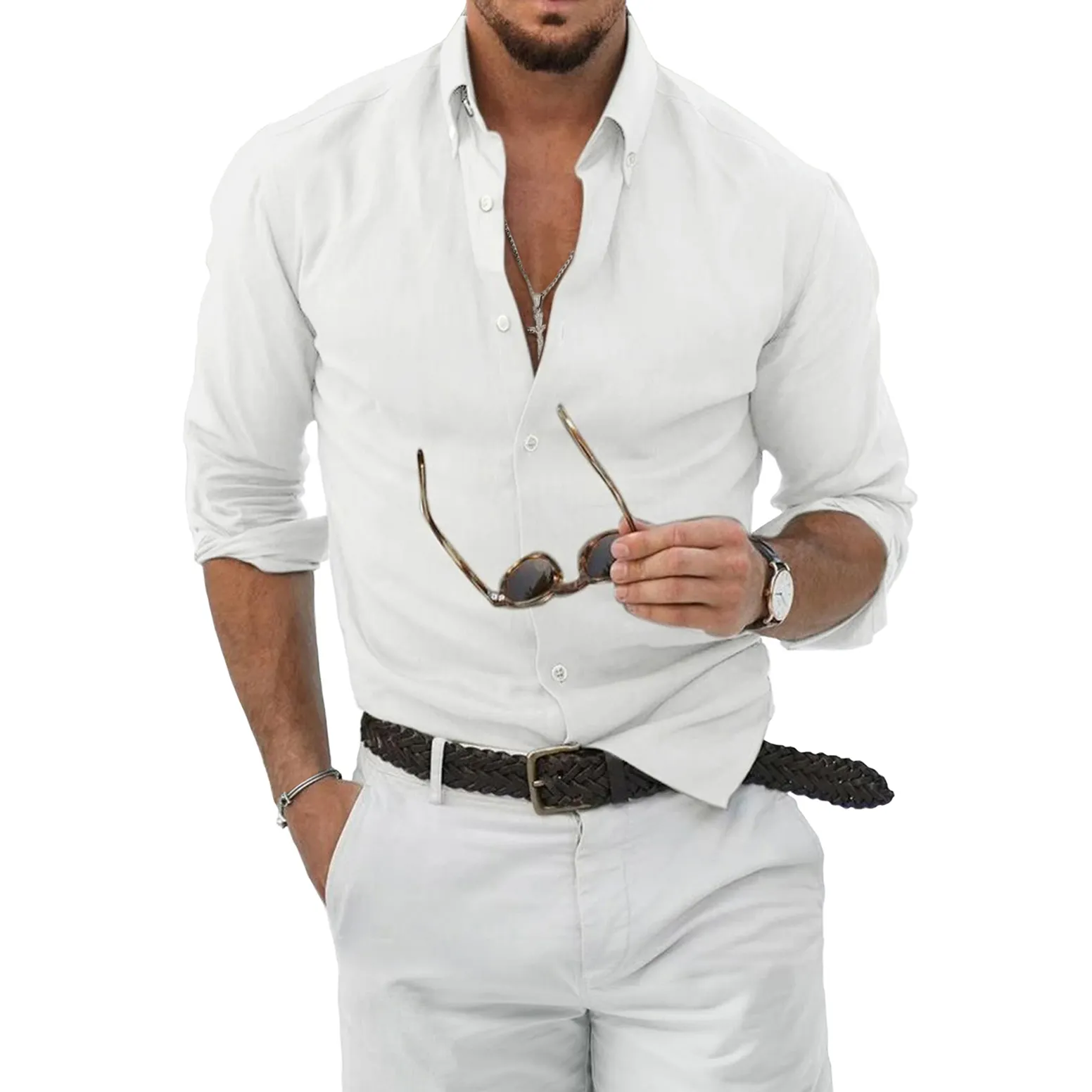2024 Wholesale Custom Men Shirts Linen Cotton Long Sleeve Casual Shirts Formal Dress Business Wear Pure Color Shirt For Men