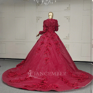 Jancember ANY20 lujo musulmán rojo brillo apliques flor vestidos de noche vestido - Product Image 3