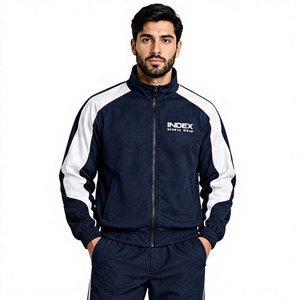 Index Men's Navy Blue <b>Tracksuit</b> Full Zip Sporty Style With <b>White</b> Stripes Regular Fit Autumn Wear 100% Polyester - Product Image 1