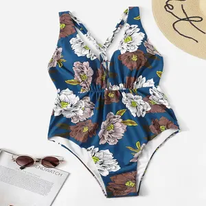 Sexy Fashion Leaky Back Strap Cross One Piece Bikini Blue Print Plus Size Swimsuit