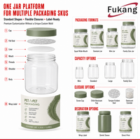 Bocaux personnalisés transparents en PET/RPET pour emballage de détail, avec bouchon à vis vert, étiquette à scellage à chaud, sans BPA, recyclables, service d'usine OEM/ODM