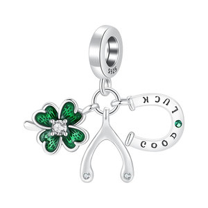 Bracelet pour femme en argent sterling S925 avec triple pendentif trèfle, os de la chance et fer à cheval, émail vert et zircon cubique, cadeau - Product Image 1