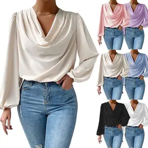 Custom Fashion Zomer Chiffon Dames Shirts Top Licht Geplooide Mouwen Damesblouses