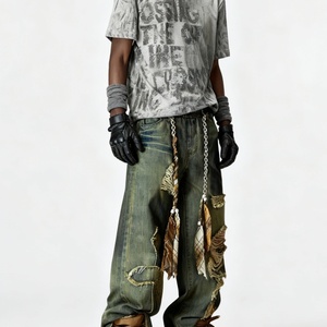 Jeans Vaqueros Holgados de Estilo Urbano, Desgastados, Rotos, con Parches, de Pierna Recta, Transpirables, para Hombre, Otoño Verano - Product Image 3