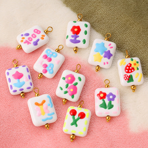 Colgante cuadrado pintado a mano con diseño de flor, fruta y signo de interrogación, accesorios de joyería DIY para la elaboración de collares. - Product Image 3