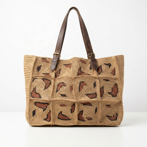 Sac cabas bohème en raphia avec motif géométrique, sac en toile pour femme, idéal pour les courses estivales - Product Image 1