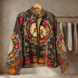Pink Embroidered Knitted Velvet Quilted Reversible Bomber <b>Jacket</b> Vintage <b>Hippie</b> Style Autumn Winter Breathable 100% - Product Image 3