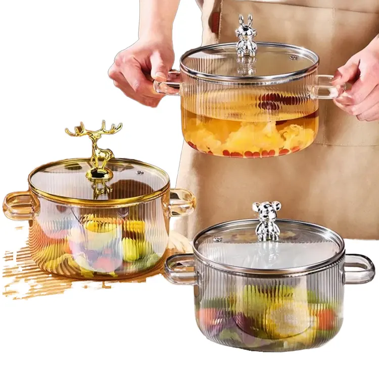 Cute Borosilicate Glass Casserole Cookware Heat Resistant Soup & Stock Pot with Lid Kitchen Tools for Heat-proof Cooking