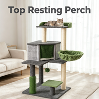 Arbre à chat avec coussin en peluche gris, poteaux à gratter en sisal, plateformes rembourrées et hamac suspendu latéral pour chats d'intérieur
