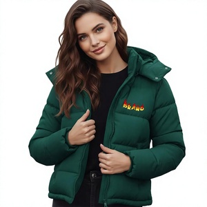 Veste matelassée verte à capuche avec logo brodé, fermeture éclair, coupe-vent, manteau d'hiver décontracté, longueur courte, rembourrage épais en polyester - Product Image 1