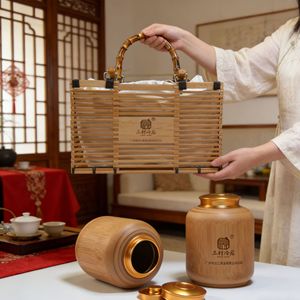 Three Village Cold After Bamboo Tea Box Set Basket With Sealed Canister For Chinese New Year Gift Customization - Product Image 1
