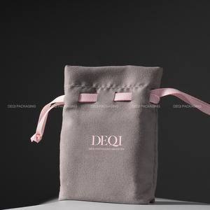 DEQI Premium Custom pink Gray Jewelry Pouches Drawstring Jewelry Pouch Bag Jewelry Packaging for <b>Ring</b> Earrings Necklace Pendant - Product Image 2