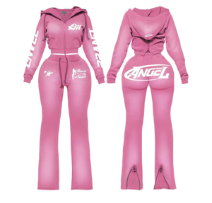 Conjunto de chándal de <span class=keywords><strong>mujer</strong></span> Y2K de 400g de peso pesado, estilo streetwear, con lavado, top corto con cremallera, pantalón jogger acampanado y sudadera con capucha con cordón, con logotipo personalizado - Product Image 4