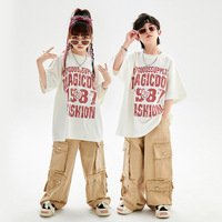 Costume de danse hip-hop pour enfants, pantalon cargo multi-poches kaki, t-shirt blanc surdimensionné, ensemble de vêtements pour spectacle sur scène pour enfants