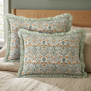 Ridhi 20x26 Goldenrod Yellow Ruffle Lumbar <b>Pillow</b> Cover Hand Block Printed Floral Western 100% Cotton Removable Washable Zipper - Product Image 3