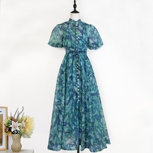 Solid Chiffon Mini Dress High Neck Puff Sleeve A-Line Fitted Breathable Spring Formal Vintage Lace <b>Tight</b> Waist Casual - Product Image 6