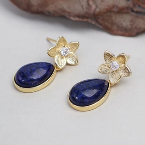 Boucles d'oreilles de style bohème bleues en pierres fines pour femmes, avec turquoise en forme de goutte d'eau, perles en pierre naturelle, double lapis-lazuli, plaqué or, cadeau - Product Image 3