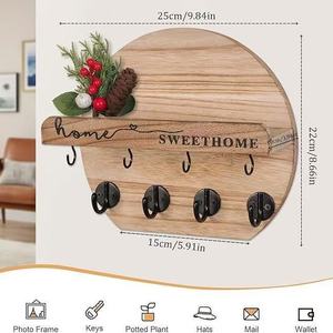 Wooden key holder, wall-mounted, semi-circular shape, <b>rustic</b> style, entryway decoration, envelope storage rack, solid <b>wood</b>. - Product Image 2