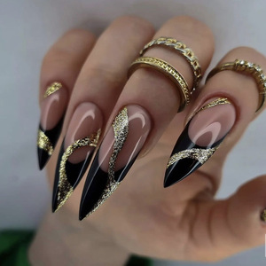 <span class=keywords><strong>Uñas</strong></span> postizas francesas <span class=keywords><strong>negras</strong></span> <span class=keywords><strong>con</strong></span> purpurina dorada, <span class=keywords><strong>uñas</strong></span> postizas largas tipo stiletto, <span class=keywords><strong>uñas</strong></span> acrílicas reutilizables de cobertura completa para mujer - Product Image 1