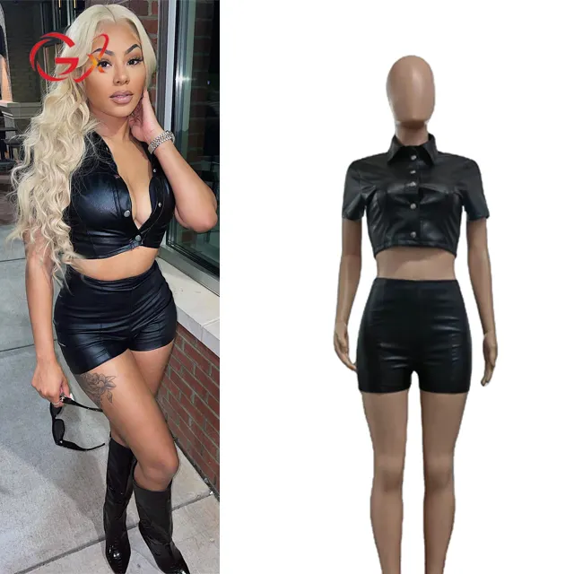 GX6858 fashion 2023 summer street wear women's elegant short sleeve crop top and shorts casual 2 piece set lady PU leather suit