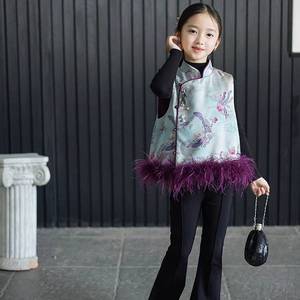 Tongxingyuan Girls Chinese Style Jacquard Tang Suit Vest Thickening Party Wear Traditional Hanfu Cheongsam With Feathers - Product Image 2