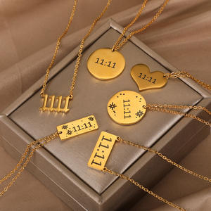 Kalung Liontin Wanita Go Party, Lapisan Emas 18K, Baja Anti Karat, Desain Geometris Persegi Hati dengan Ukiran Nomor Malaikat 11:11 dan 1111 - Product Image 1