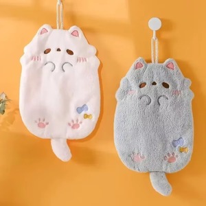 Serviette de toilette absorbante en microfibre polaire corail motif chat mignon avec boucle de suspension pour salle de bain - Product Image 6