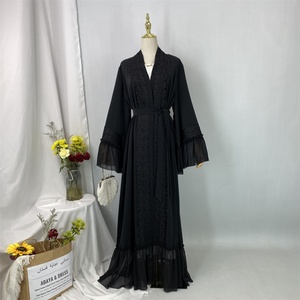 Oferta Especial Ramadán: Abaya Negra para Mujer con Bordado Floral y Chifón, Puños Grandes, Estilo Modesto para Eid, Modelo 1963 # - Product Image 6